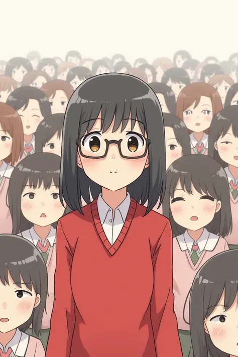 Simple drawing of a girl who has glasses, shoulder-length hair, in red uniform, with a crowd behind her