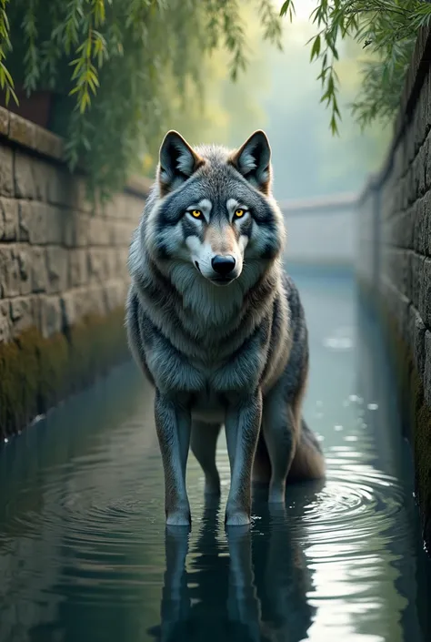 A gray wolf in a canal