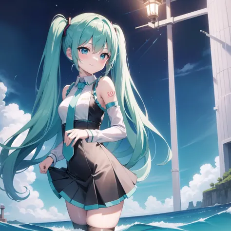 ((masterpiece)),(best quality),official art,extremely detailed CG,unity 8k wallpaper,ultra detailed,A lighthouse on a cliff by the sea,1girl,solo,upper body,(portrait:1.2),hatsune miku,drinking Coca-Cola looking at viewer,sleeveless shirt,white shirt,fring...