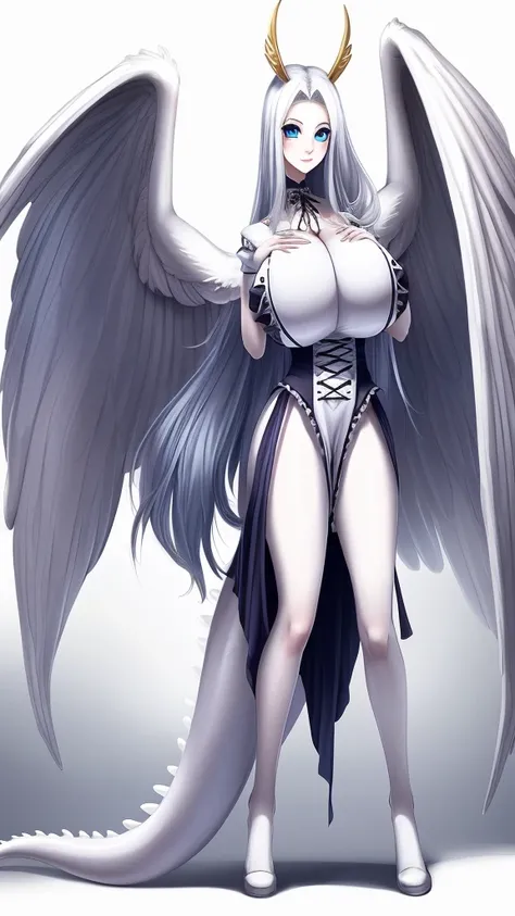 Solo, 1girl, massive breasts, white long hair, standing, full body, blue eyes, white fur, white scales, huge white  wings, tall, beautiful, furry, gothic lolita dress , wristlet, human face, 