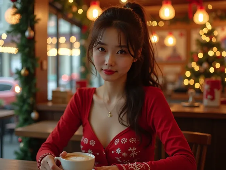 Woman in Thailand hotel, 23 years old korean woman, sakimichan, E cup breast, chinese model ,wearing Christmas clothes , Christmas theme cafe , smile at the corner of the mouth