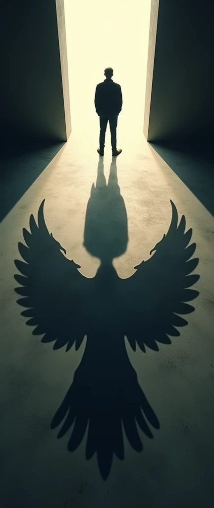 Angle looking up at a man from the ground 、 man facing backwards at the top of the screen 、Strong light from the back of the screen to the man 、The mans shadow stretches far towards the bottom of the screen、 The mans shadow is in the shape of a bird with w...