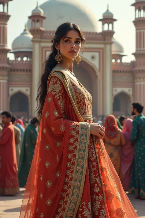 Create an image of beautiful pakistani girl wearing very expensive pakistani winter dress standing in a small crowd in front of a historical building