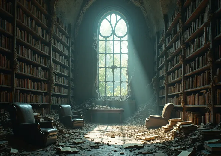 1 An old ruined library ,  with shelves filled with dusty books ,  illuminated by a mysterious light that comes through a broken window.
