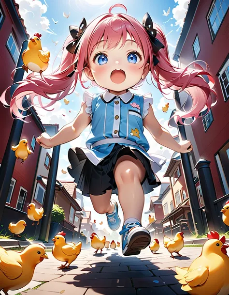 (( fly and run hard running after chickens:1.5))、((whole body, from below, front view:1.5、looking down:1.5, Sleeping on your side:1.5、Crawling、 face down :1.5)), ((Chibi:1.5、Chibiガール:1.5, ５Year old)))、 best quality、 high definition 、 detailed background、 b...