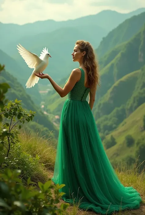 a photograph of a woman wearing green dress with a dove on green valley