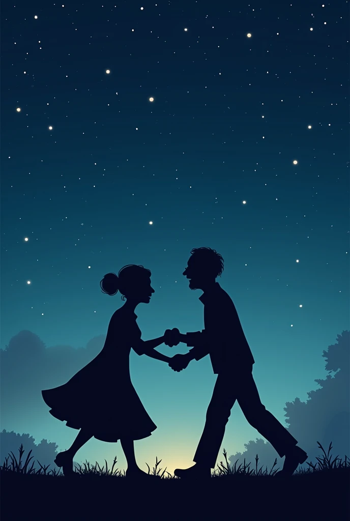 Couple personne âgés, elle un peu forte et lui maigre qui danse sous les étoiles, mais on ne voit que leurs silhouettes