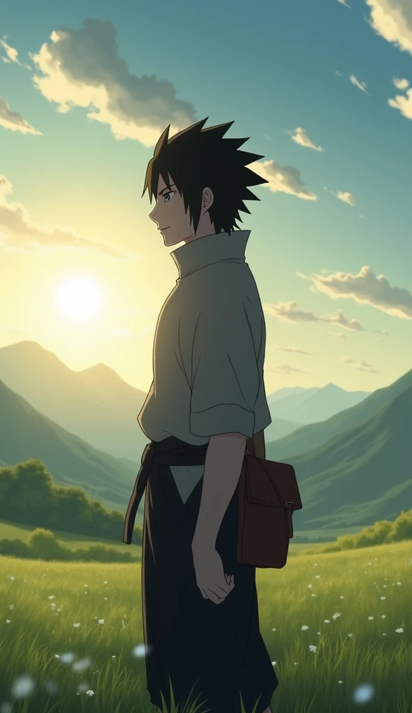  After your redemption ,  Sasuke Uchiha appears in a scene where his posture and expression reflect a peace conquered ,  of the shadows that marked your life . He is standing, watching the horizon,  with an erect body and a light breeze waving his black ha...