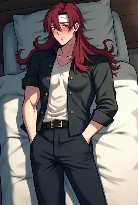 A man with long red hair on a bed with a fever and a poultice on his forehead