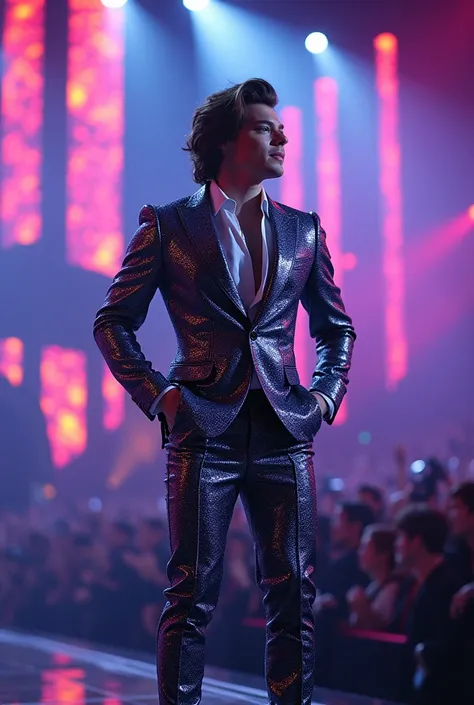 harry styles on stage in glittery suit 