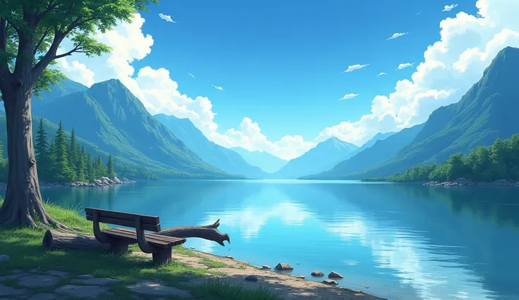 Imagine a calm and peaceful lagoon ,  a trunk lying on the edge of the lake that could be used as a bench,  few surrounding trees and few mountains surrounding the site , there was no one present ,  anime style 