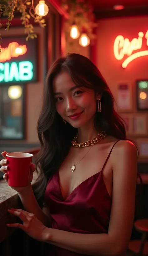 

Prompt : In a cozy, a cute young thai woman,
framed by neon signs and hanging garlands. She wears a vintage-inspired, satin slip dress in a deep burgundy color, paired with chunky gold jewelry. Her long, wavy dark hair is styled effortlessly, and she smi...