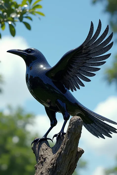 A hyper-realistic image of a raven crafted entirely from glass, its surface sparkling with black glitters. The bird is captured mid-landing on the branch of a tree in the daylight. The sunlight reflects off the ravens glossy, glittering surface, creating a...