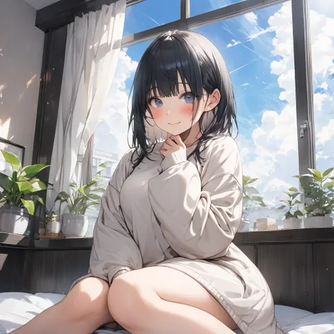  one high school girl、smile、 closes her mouth、blush、Short black hair( small tits;1.5)、Black Oversized Sweat Sweater、Moe sleeves、 wariza、 sitting on the bed 、Houseplants、Blue sky from the window、From below、( perfect anatomy ),( best quality), ( ultra hi-res...