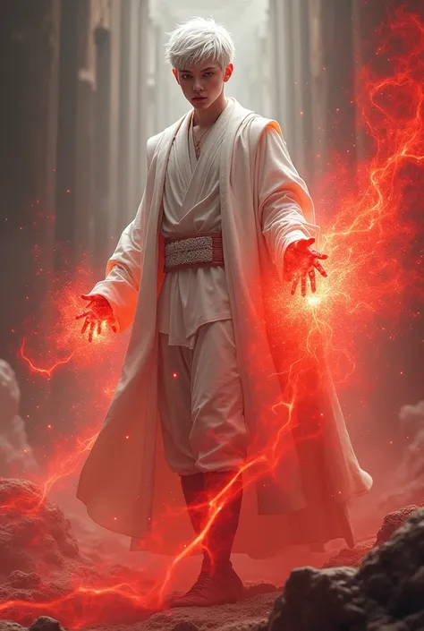 A young man, approximately 21 years old, with a celestial appearance. He has short, white hair, pale skin, and piercing red eyes. He wears an ancient, flowing white outfit that resembles a robe or tunic, with matching pants. The outfit has a unique, ethere...