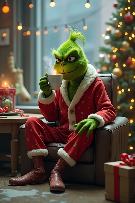 Grinch of the future realistic at Christmas wearing pajamas rubber shoes drinking coffee 