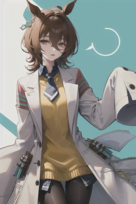  Agnes Tachyon 、Horse Girl、One person、 girl、Horse ears、Horse tail、 earring on one side 、Red eyes、 lines in eyes 、 shorthair、 brown hair 、Jacket、（White coat:1.2)、(bigger sleeve than wrist :1.1)、 yellow big sweater、 ties、 black pantyhose 、Stray hair、best qua...