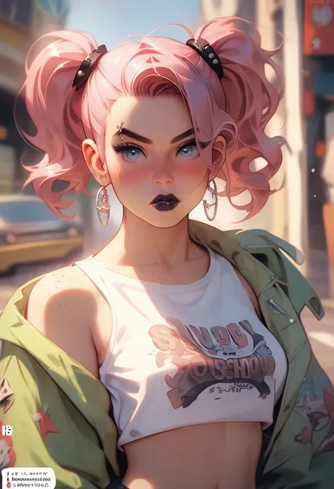 Close up of an supermodel woman face, at a busy cluttered city street background, daytime, pale blue eyes, detailed short pink hair with pigtails and shaved sides haircut, freckles, blushing, pouting expression, single eyebrow raised, eye shadow, black lip...