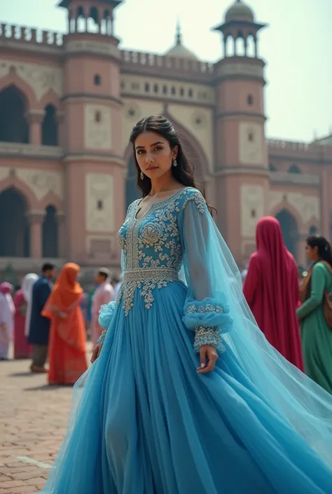 Create an image of beautiful pakistani girl wearing very expensive pakistani blue color winter dress standing in a small crowd in front of a historical building