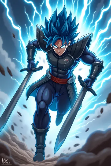 A anime character running fast in lighting, lighting coming from eyes and running fast in a side view ,with muscular body , big swordswith full coustume  blue hair,lighting coming from eyes in angry