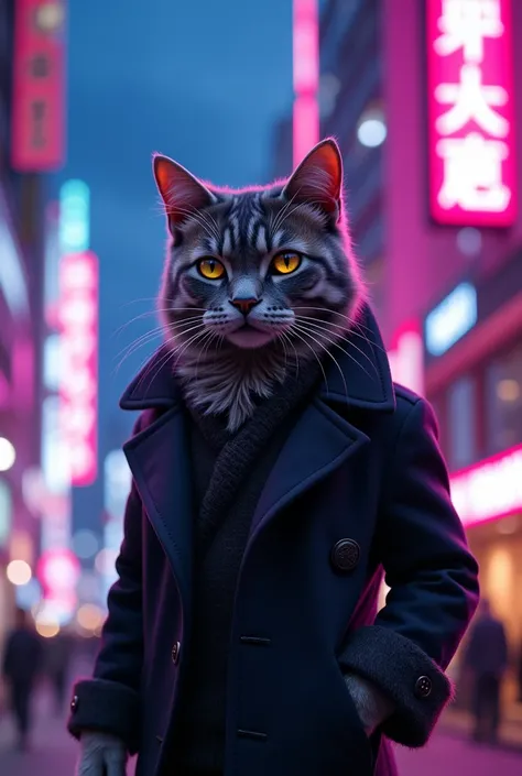  cat wearing Coat walking in Tokyo at night in front of luxury hotel with purple and blue neon light