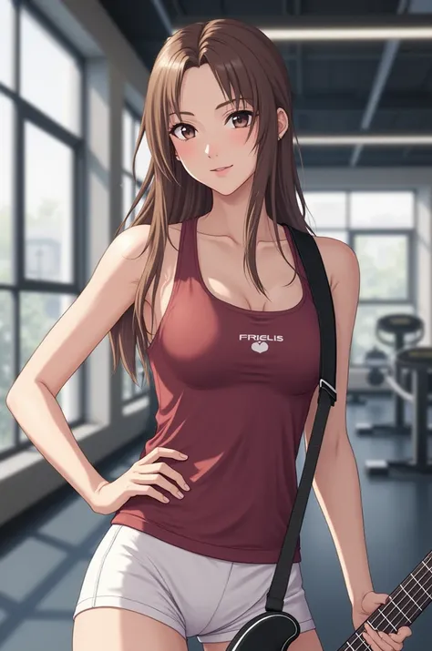 "A young woman with long, straight brown hair, standing confidently in a modern gym environment. She is wearing a sleeveless maroon athletic top with a white logo and tight fit, accentuating her slim figure. She is holding and playing a sleek, metallic bla...