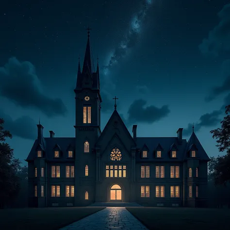 (photorealism:1.2), (black night sky), school building, intricate details, dramatic, cinematic, wide angle