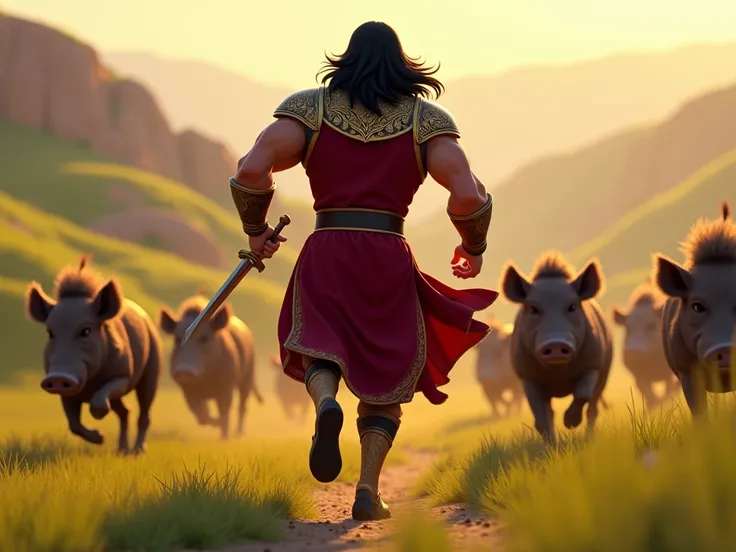 **"A Pixar-style digital artwork of Bijan, a 30-year-old Persian hero with black, wavy, shoulder-length hair. The character has a strong, muscular build, dressed in a royal dark red tunic with gold details and shoulder armor featuring intricate Persian mot...