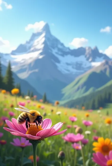  A bee sits on a beautiful alpine meadow flower, in the background, the double-headed Mount Elbrus 