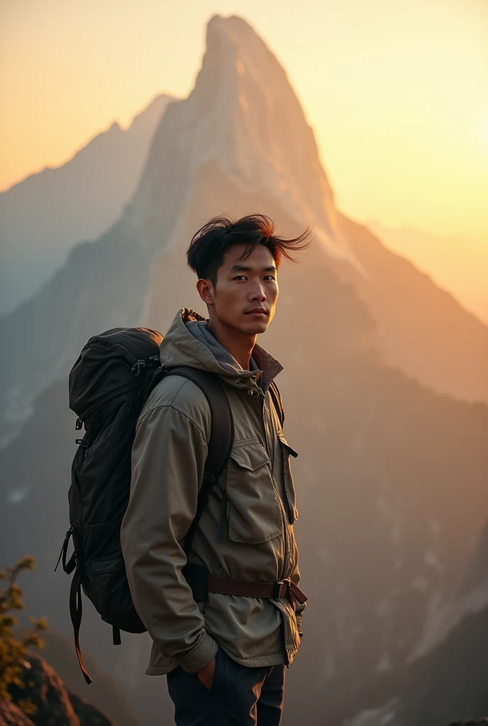 Chinese man, 30 years old, backpack, hiking gear, mountain peak, rocky terrain, sunrise, golden sunlight, mist, vast mountain range, front-facing, eyes wide open, determined expression, short hair, wind blowing, adventure, exploration, natures beauty.