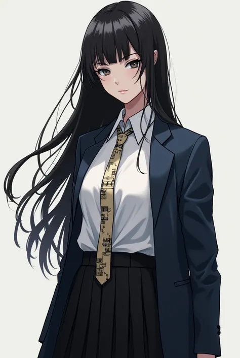  Musa has long black hair ,  with a gritty but elegant look .  Light skin and dark eyes .  She wears a white shirt ,  a thin tie with musical patterns,  black pleated skirt ,  dark blue jacket and elegant black shoes . Deliberate 