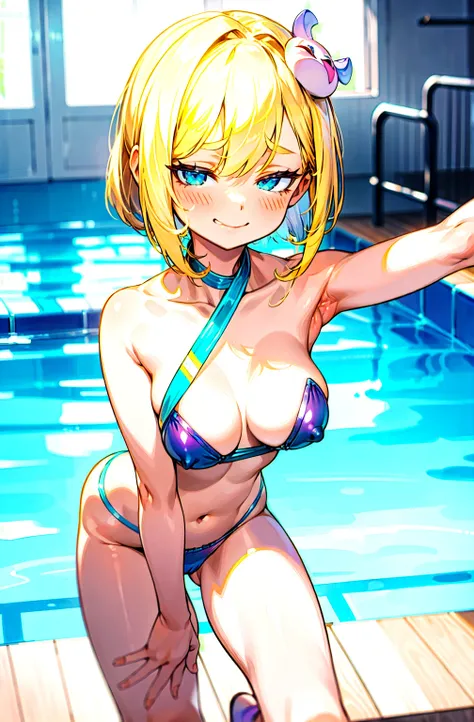    1 girl,  Blonde Bob Hair  ,    blue eyes,   blue metallic bikini,Realistic background pool  ,A stylish adult woman、 normal size breasts  , Awkward,  grimace  ,   Bransing ,  Biting your lip,Wide leg, bangs between eyes, Front View、 high definition ,  bl...