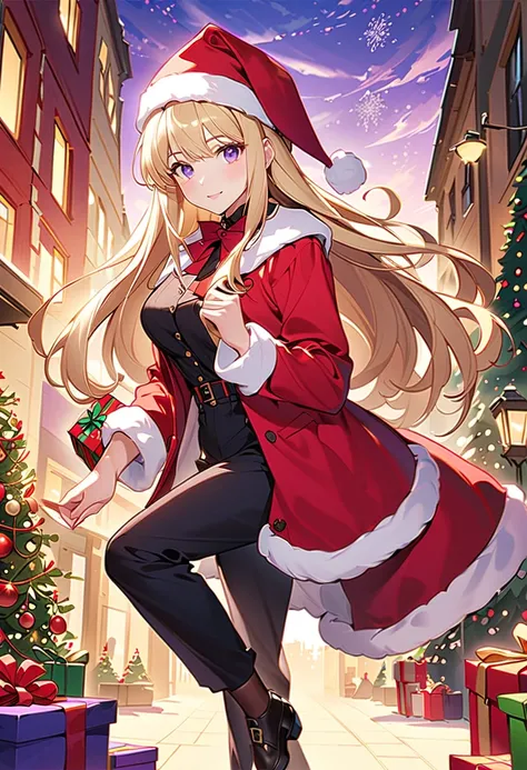 mrs clause with long blond hair purple eyes, black trousers and christmas present in her hands