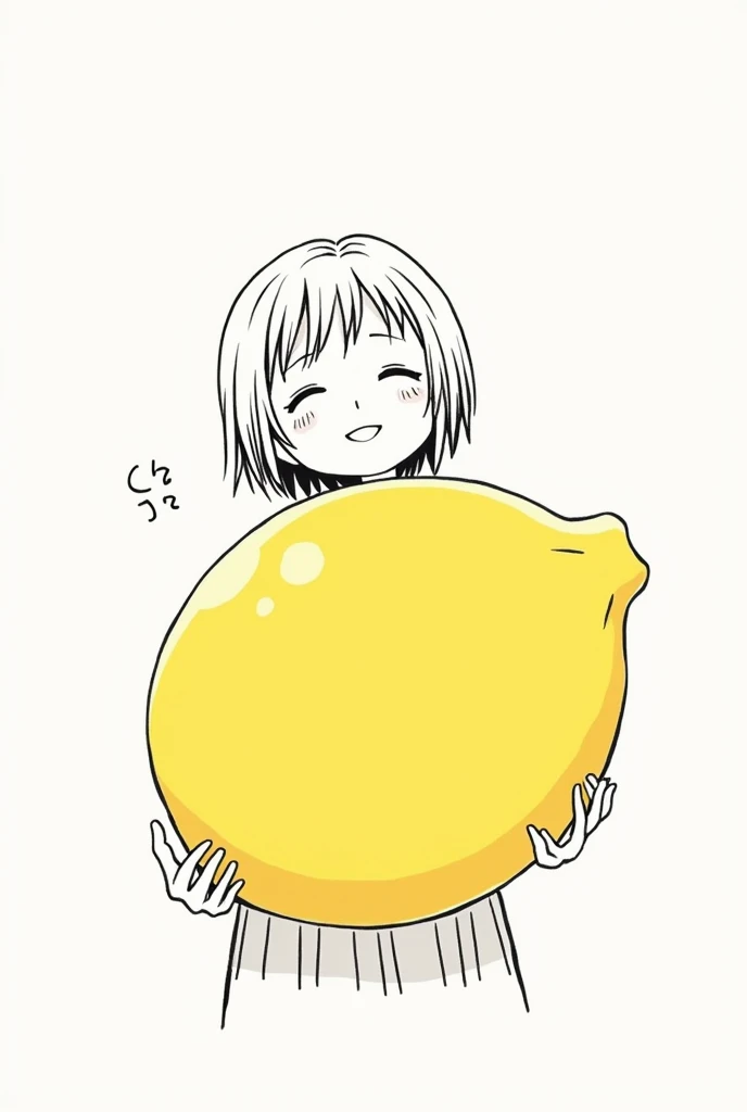 A girl with short hair parted in the middle，About 20 years old, comic style,holds a lemon in her hand, minimalism,cute style,simple style, black and white simple drawing, line drawing，Smile happily and tilt your head slightly, lemon is bigger, Japanese sty...