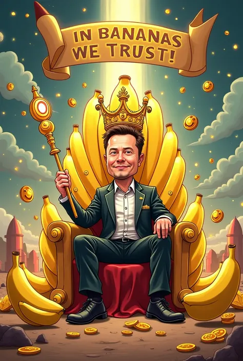 Elon Musk cartoon is depicted as a quirky king seated on a throne made entirely of glowing, stacked bananas. He holds a scepter topped with a banana and wears a crown adorned with cryptocurrency symbols. Surrounding him are cartoonish, smiling bananas thro...