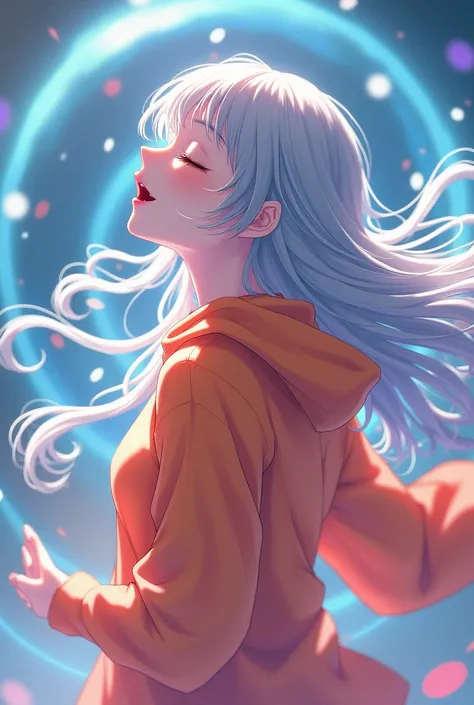  beautiful Japanese girl with long silver hair 、Idol singer、 Japanese anime style、Realistic、god々Vortex of Light 、 upper body、 orange hoodie、profile、 shouting with my eyes closed、Im taking steps lightly、Fantastic Expression 