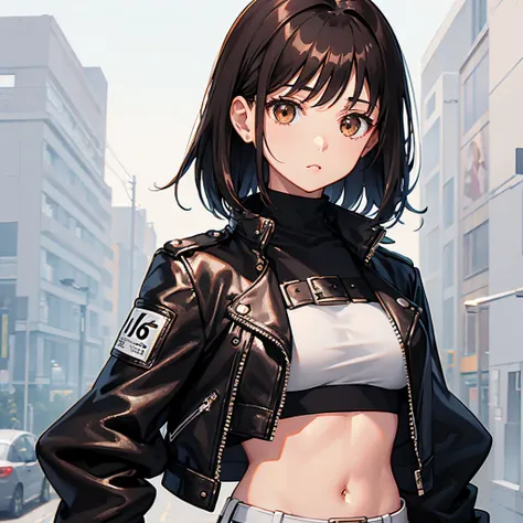 brown eyes　White skin　black biker jacket　　Leather skirt　looking at the camera　Calm look　E Cup　Height: 157cm, black hair, short hair, hair length to shoulder, midriff, belly button,standing