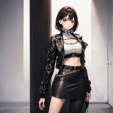 brown eyes　White skin　black biker jacket　　Leather skirt　looking at the camera　Calm look　E Cup　Height: 157cm, black hair, short hair, hair length to shoulder, midriff, belly button,standing