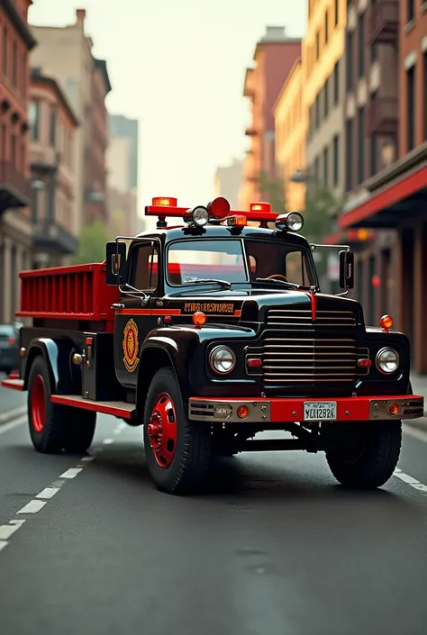 A highly detailed, photorealistic 1978 International S 1900 firetruck, single axle truck, with a prominent red stripe running along the length of the vehicle, adorned with the iconic Los Angeles fire department pattern, boasting a vibrant black colour with...