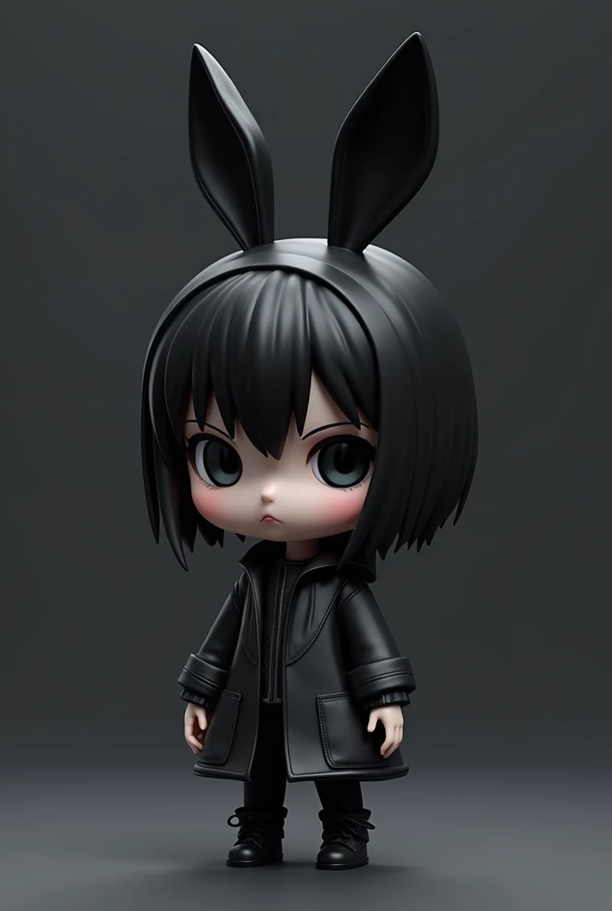  a 3D rendering of a chibi-style anime character with black rabbit ears and a black and white outfit. The character has short black hair , , big dark eyes and a serious expression .  The background is dark gray . The overall style is dark and mysterious .