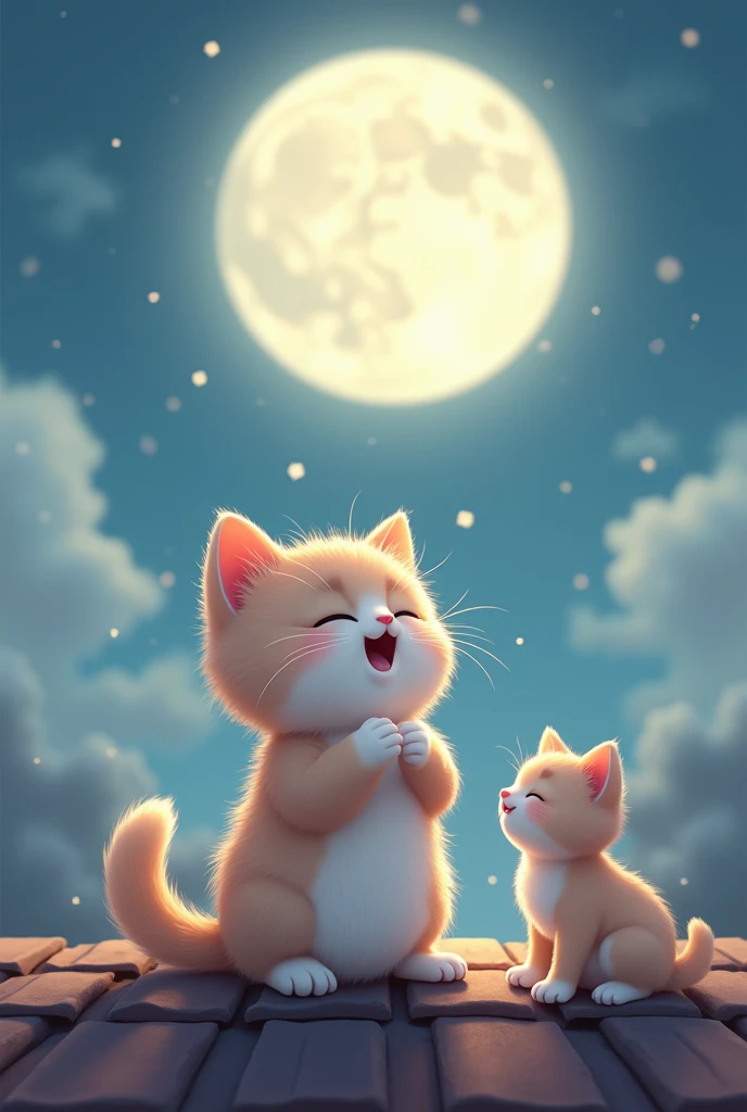  illustration style ，close up， Invest {x} A cute kitten stands on the roof and makes a loud song，Under the moonlight ，The singing is melodious and melodious 。 warm and cute style singing the kittens posture ，A gentle breeze， The picture is clear and bright...