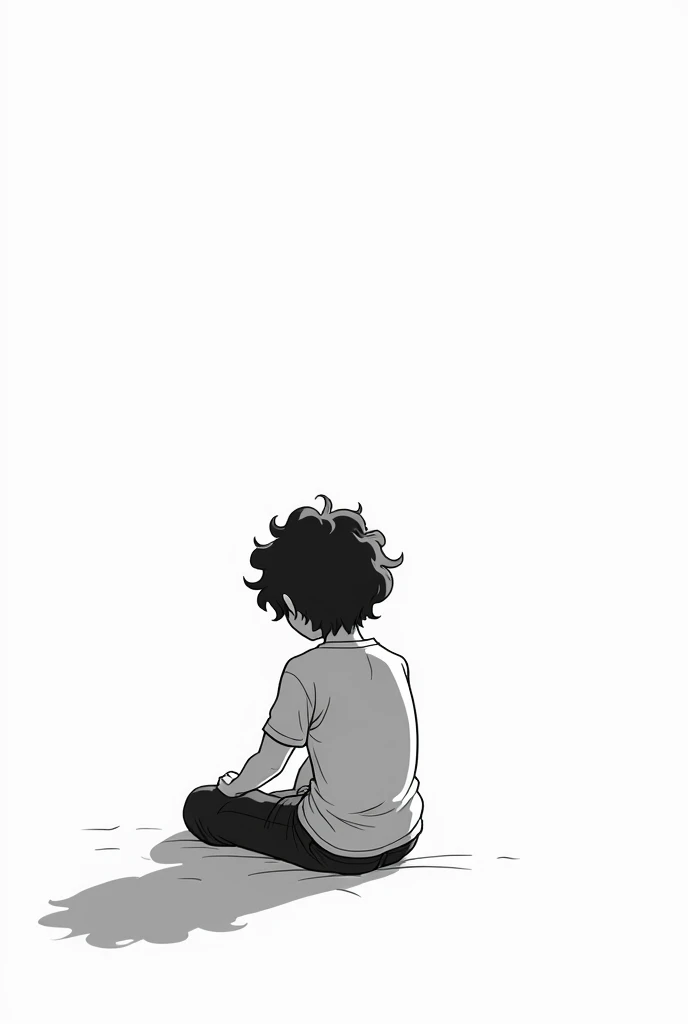  A young man sitting on the floor in an empty and minimalist environment ,  with stylized features in black and white ,  mixing the cartoon and anime style .  He has medium and curly hair ,  with an introspective and slightly melancholic appearance .  The ...