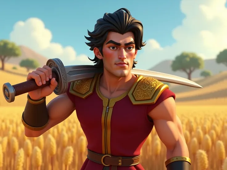 A Pixar-style digital image of Bijan, a 30-year-old Iranian hero with large, expressive eyes and a strong and attractive appearance, focusing on vivid colors, smooth textures and realistic lighting. The scene has soft and dynamic lighting that creates soft...