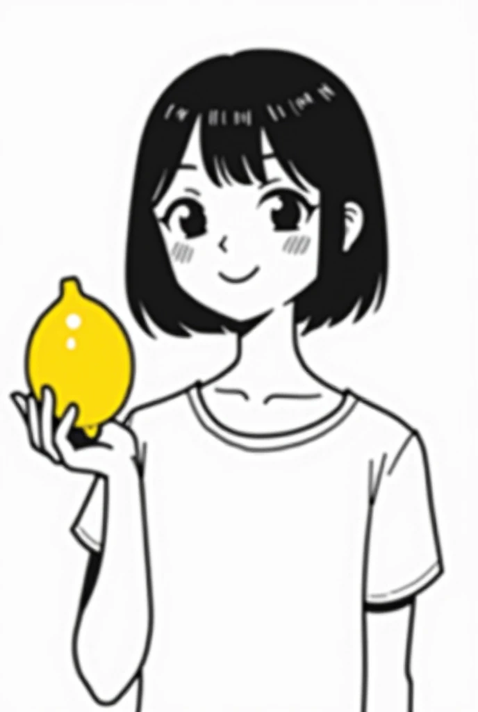 A girl with short hair parted in the middle，About 20 years old, comic style,holds a lemon in her hand, minimalism,cute style,simple style，Black and white simple drawing, line drawing, happy smile and head tilt, Japanese style，The eyes are simple, the lemon...