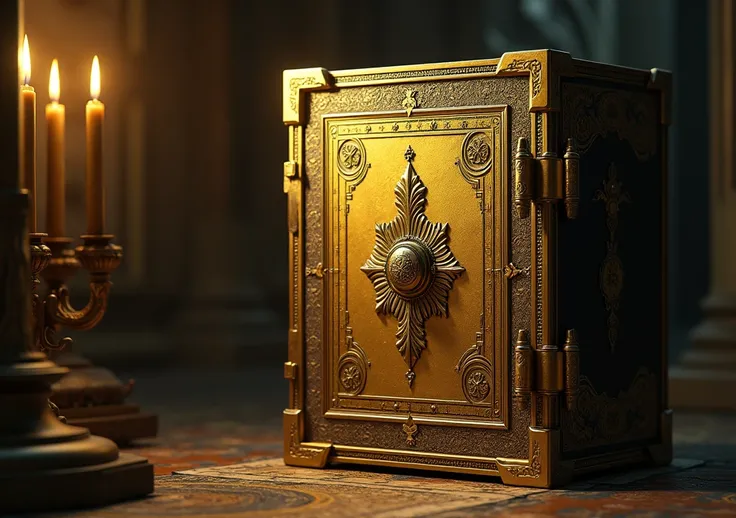 12 A forbidden text being locked in a golden safe with intricate religious symbols.
