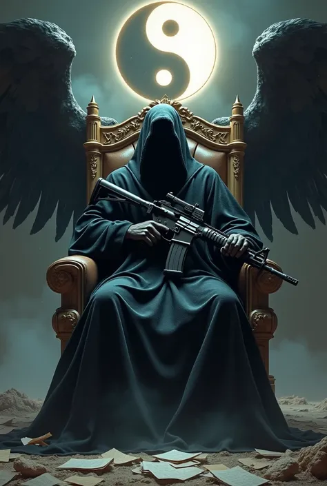 Ange de la mort assis surtout un throne
Symbole ying yang en fond
FAMAS dans la main droite
Piles de feuilles au pieds
