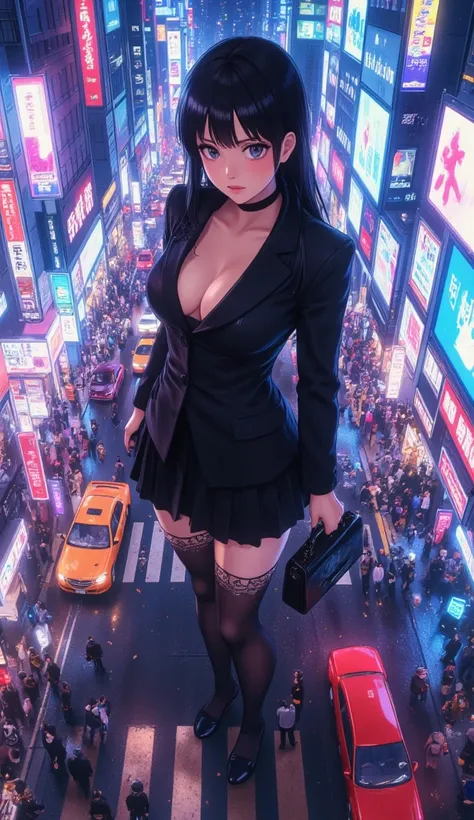 A breathtaking aerial view of Shibuya Crossing at night, illuminated by vibrant neon lights reflecting off the wet pavement, a bustling urban scene filled with motion and energy. Amidst the chaos, a stunning Japanese lolita stands out — a young woman with ...