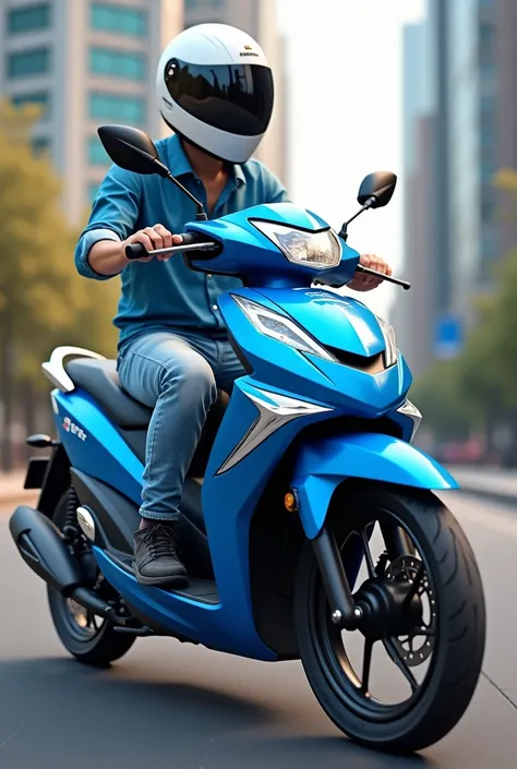  Make me a pic with a honda beat bike esp the color blue,  the guy is wearing a shirt ,  long levis pants and shoes , his helmet is white 