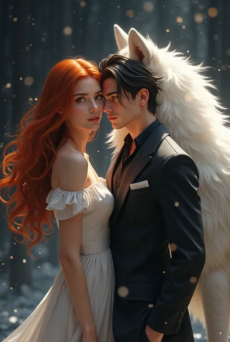 In a dark yet sparkling background and a modern setting 
A beautiful young lady with red hair and a handsome young man with neatly arranged dark hair with golden eyes with a huge white wolf at their side.
