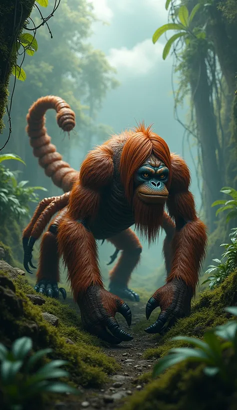 animal hybrid combination between scorpion and orangutan in one frame, in a under forest and there are thunderclouds